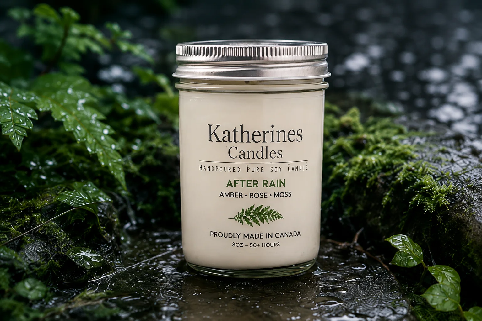 After Rain candle in wet moss and greenery