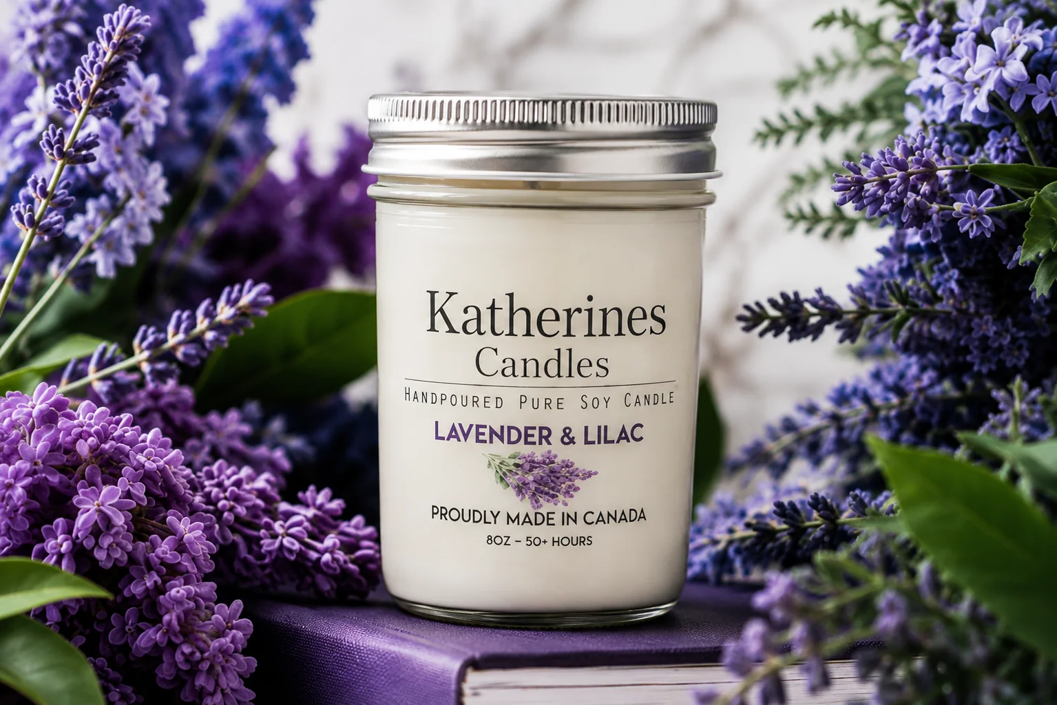 Lavender and Lilac candle among purple flowers
