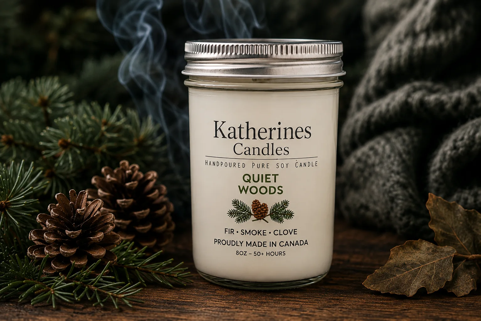 Quiet woods candle with pinecones and evergreen branches
