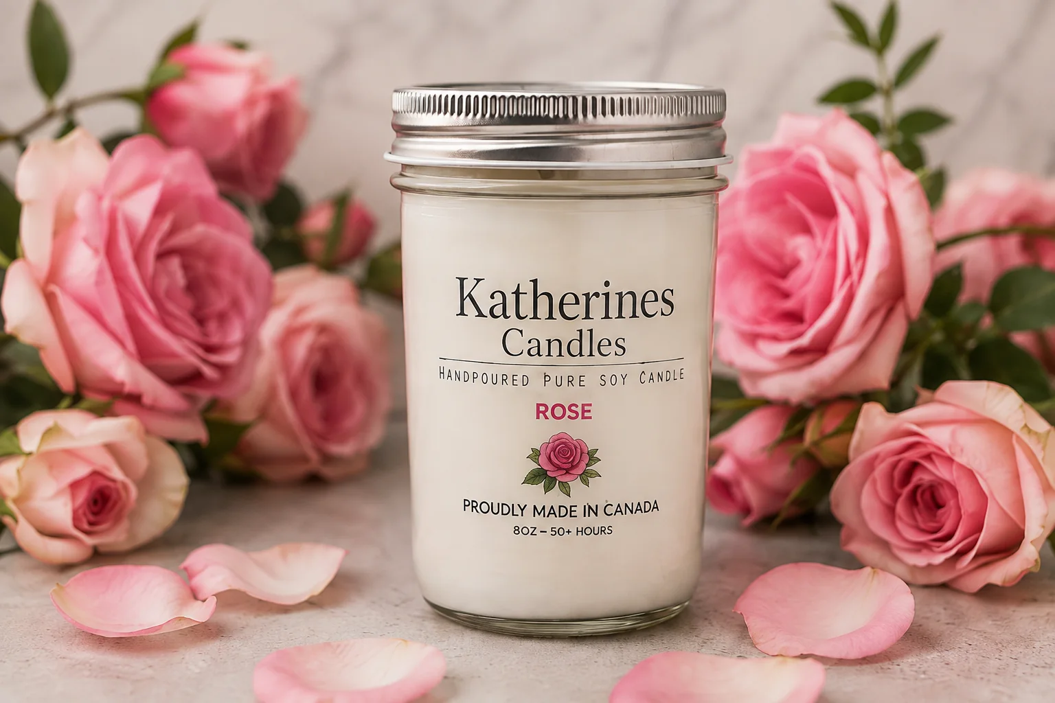 Rose after rain candle surrounded by pink roses