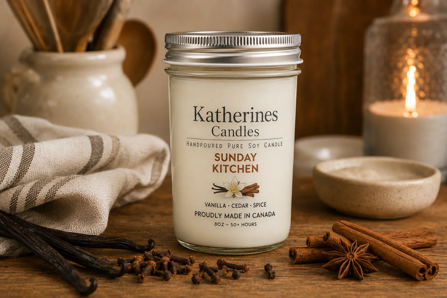 Sunday kitchen candle surrounded by spices and linen
