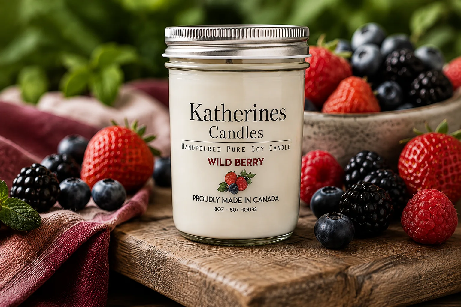 Wild Berry candle surrounded by berries